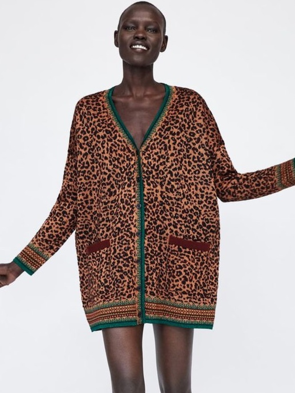 Leopard Print Cardigan with Green Trim